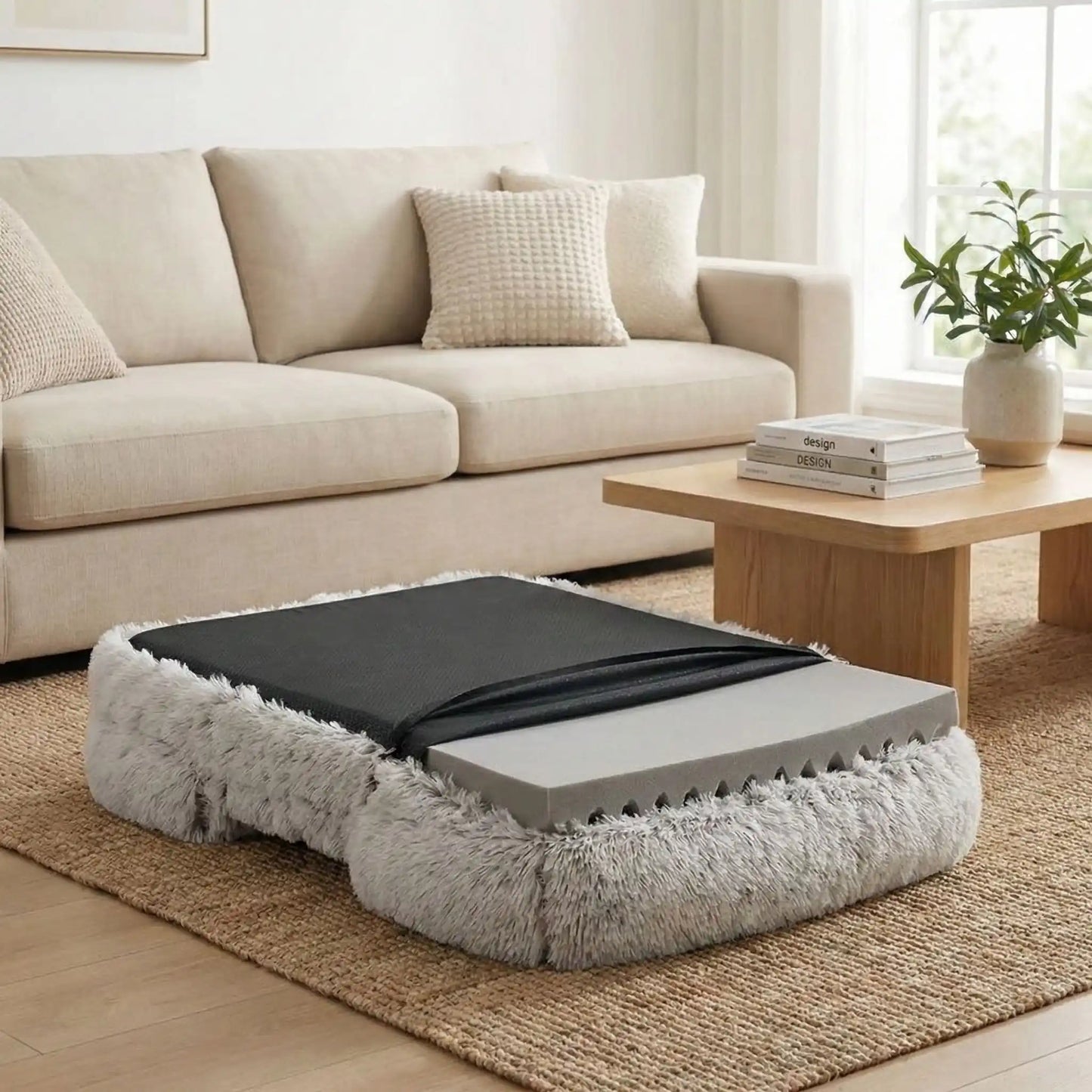 Panier-chien-xxl-déhoussable-orthopédique-coussin rectangulaire avec rebord surélevé en traversin qui sert d'oreiller ergonomique à 360° rembourrage 100% coton haute densité pour un effet anti stress et anti anxiété-housse en peluche ultra douce, hypoallergénique, imperméable, antidérapant et lavable en machine pour chiot et chien de taille moyenne à grande jusqu'à 45 kg max-photo du panier déhoussé avec son matelas orthopédique forme d'oeuf et housse en fausse fourrure courte 