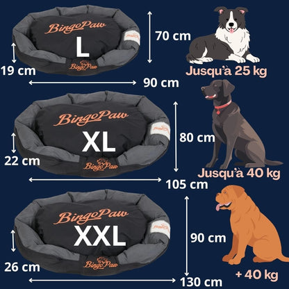 Panier-chien-xxl-guide-de-tailles-3-taille-disponible-pour-grand-chien-L-XL et XXL-dimensions-poids-du-chien-détaillées