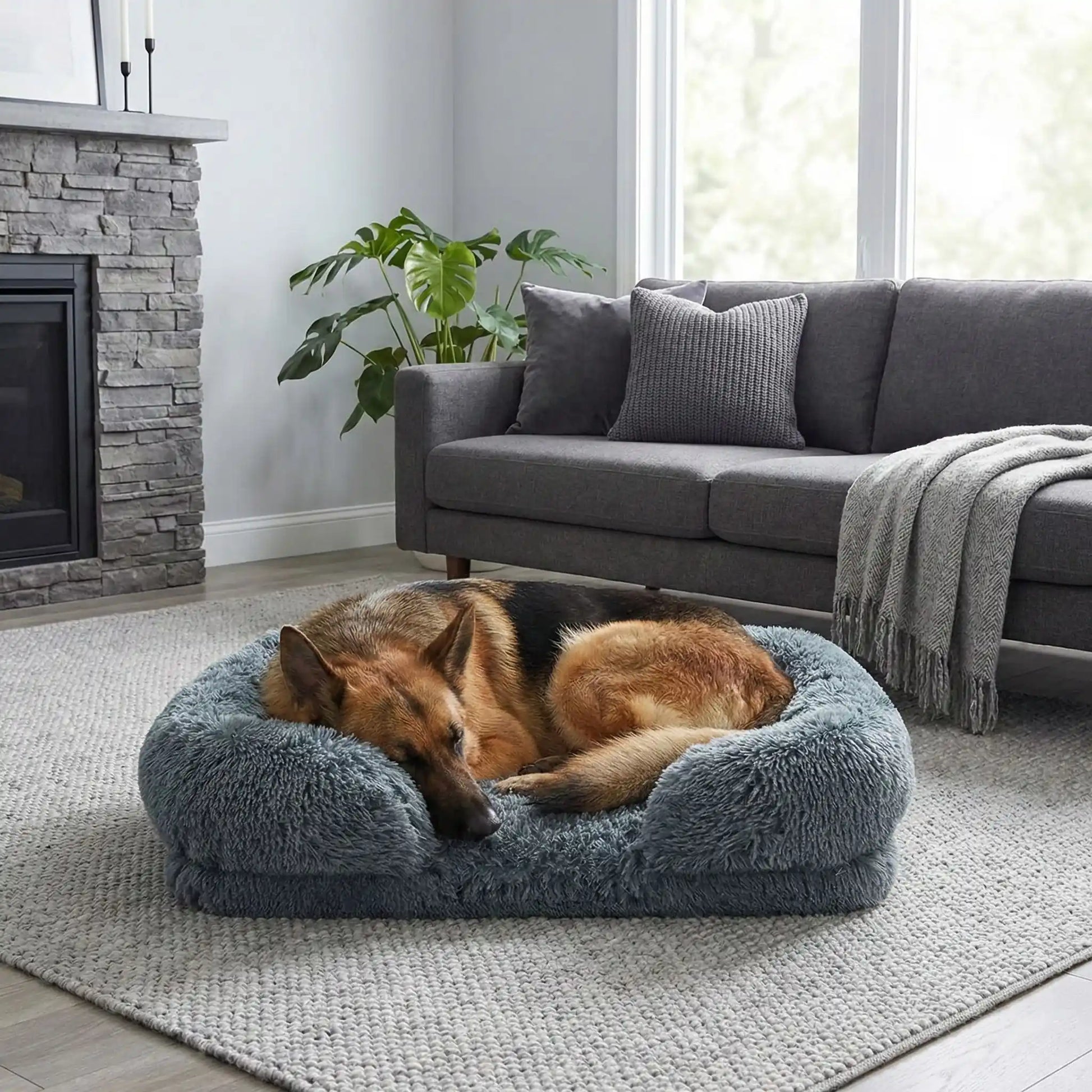 Panier-chien-xxl-déhoussable-orthopédique-coussin rectangulaire avec rebord surélevé en traversin qui sert d'oreiller ergonomique à 360° rembourrage 100% coton haute densité pour un effet anti stress et anti anxiété-housse en peluche ultra douce, hypoallergénique, imperméable, antidérapant et lavable en machine pour chiot et chien de taille moyenne à grande jusqu'à 45 kg max-un Berger Allemand qui dort niché en boule au chaud dans son panier avec rebord rembourré entourant et apaisant de couleur gris 