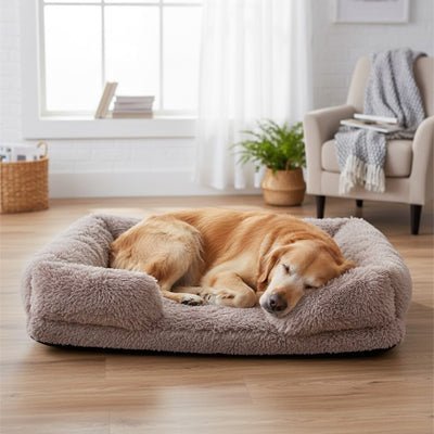 Panier-chien-xxl-déhoussable-orthopédique-coussin rectangulaire avec rebord surélevé en traversin qui sert d'oreiller ergonomique à 360° rembourrage 100% coton haute densité pour un effet anti stress et anti anxiété-housse en peluche ultra douce, hypoallergénique, imperméable, antidérapant et lavable en machine pour chiot et chien de taille moyenne à grande jusqu'à 45 kg max-un Golden retriever qui dort paisiblement, sa tête reposant sur le rebord en oreiller de couleur marron dans le salon de la maison