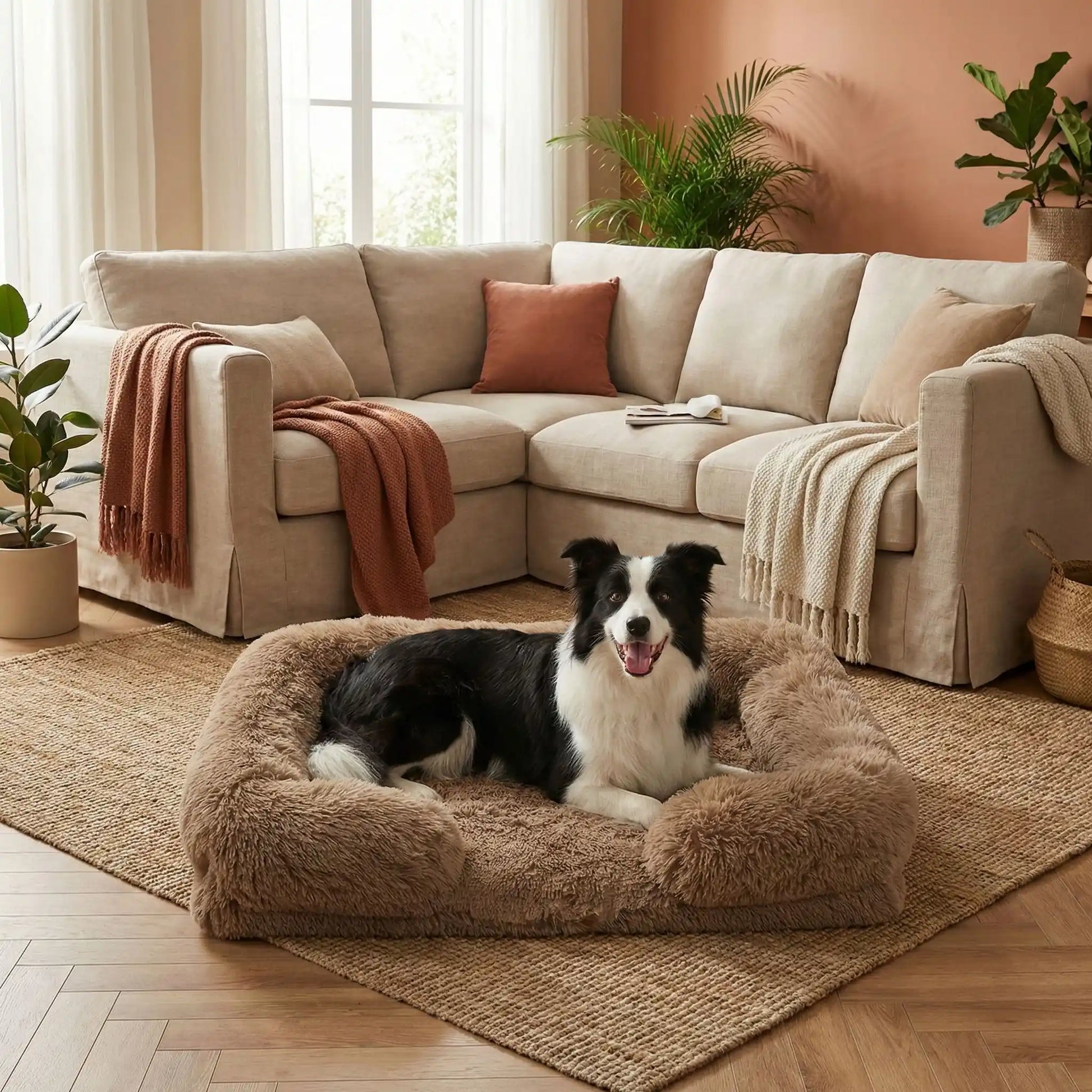 Panier-chien-xxl-déhoussable-orthopédique-coussin rectangulaire avec rebord surélevé en traversin qui sert d'oreiller ergonomique à 360° rembourrage 100% coton haute densité pour un effet anti stress et anti anxiété-housse en peluche ultra douce, hypoallergénique, imperméable, antidérapant et lavable en machine pour chiot et chien de taille moyenne à grande jusqu'à 45 kg max-un Boder Collie couché confortablement dans son panier rectangulaire moelleux comme un coussin rectangulaire dans le salon 