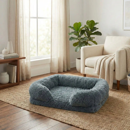 Panier-chien-xxl-déhoussable-orthopédique-coussin rectangulaire avec rebord surélevé en traversin qui sert d'oreiller ergonomique à 360° rembourrage 100% coton haute densité pour un effet anti stress et anti anxiété-housse en peluche ultra douce, hypoallergénique, imperméable, antidérapant et lavable en machine pour chiot et chien de taille moyenne à grande jusqu'à 45 kg max-de couleur gris