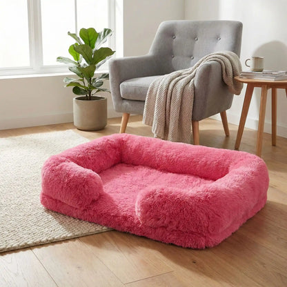 Panier-chien-xxl-déhoussable-orthopédique-coussin rectangulaire avec rebord surélevé en traversin qui sert d'oreiller ergonomique à 360° rembourrage 100% coton haute densité pour un effet anti stress et anti anxiété-housse en peluche ultra douce, hypoallergénique, imperméable, antidérapant et lavable en machine pour chiot et chien de taille moyenne à grande jusqu'à 45 kg max-de couleur rose bonbon en taille xl et xxl