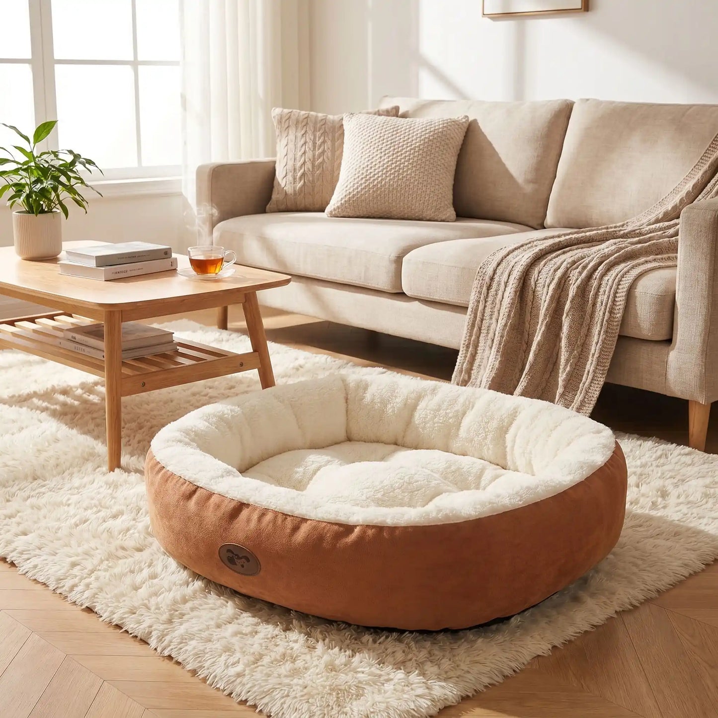 Panier-chiot-coussin-anti-stress avec rebord 360° surélevé rembourré et épais au rembourrage 100% coton haute densité lavable en machine, hypoallergénique, doux, chaud et respirant , fond antidérapant et imperméable pour chiot de petite, moyenne, grande et très grade race de 0 à 40 kilos en 5 tailles S, M, L, XL et XXL-gros plan sur le panier ovale douillet; chaud , entourant , anti-stress de couleur camel pour chiot de petit, moyenne et grande taille sur le sol du salon lifestyle cosy