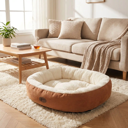 Panier-chiot-coussin-anti-stress avec rebord 360° surélevé rembourré et épais au rembourrage 100% coton haute densité lavable en machine, hypoallergénique, doux, chaud et respirant , fond antidérapant et imperméable pour chiot de petite, moyenne, grande et très grade race de 0 à 40 kilos en 5 tailles S, M, L, XL et XXL-gros plan sur le panier ovale douillet; chaud , entourant , anti-stress de couleur camel pour chiot de petit, moyenne et grande taille sur le sol du salon lifestyle cosy