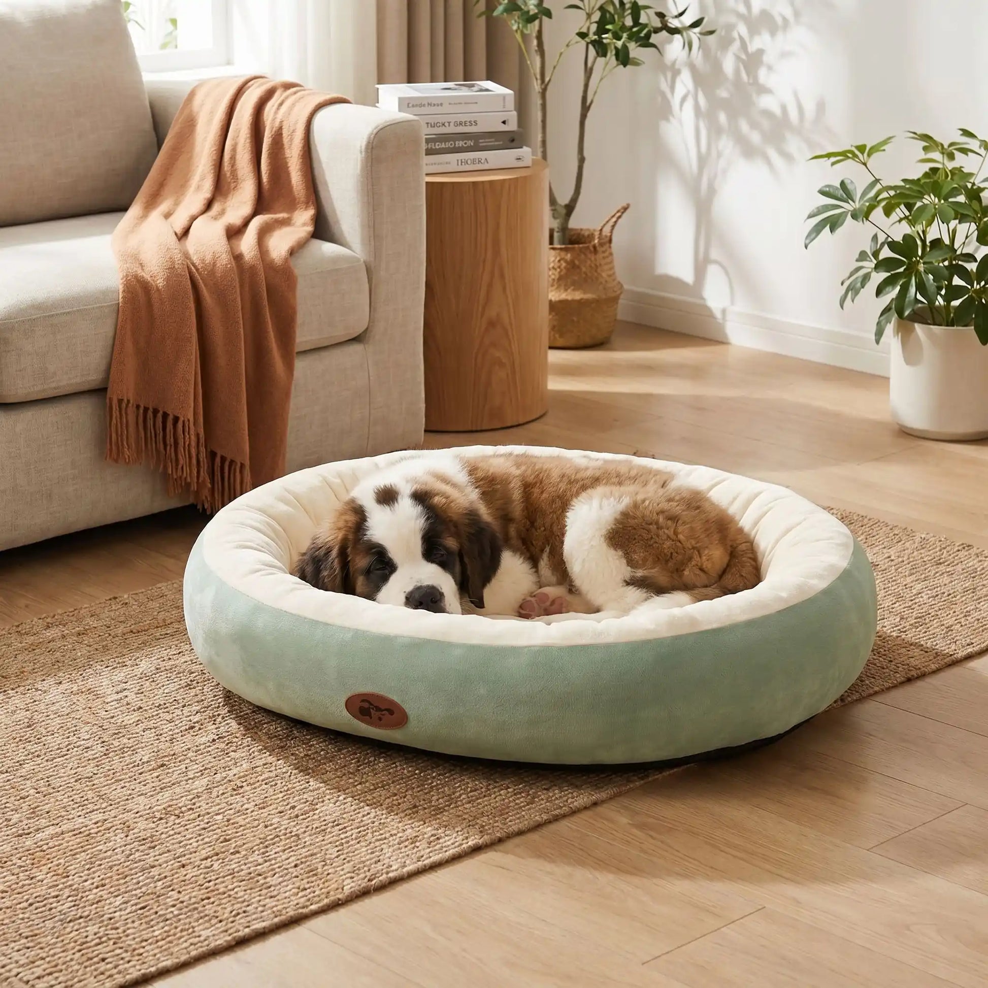 Panier-chiot-coussin-anti-stress avec rebord 360° surélevé rembourré et épais au rembourrage 100% coton haute densité lavable en machine, hypoallergénique, doux, chaud et respirant , fond antidérapant et imperméable pour chiot de petite, moyenne, grande et très grade race de 0 à 40 kilos en 5 tailles S, M, L, XL et XXL-un chiot de très grande race  qui dort paisiblement niché dans son panier à rebord ovale de couleur cyan épais et rembourré pour un effet cocooning anti stress dans le salon de l'appartement