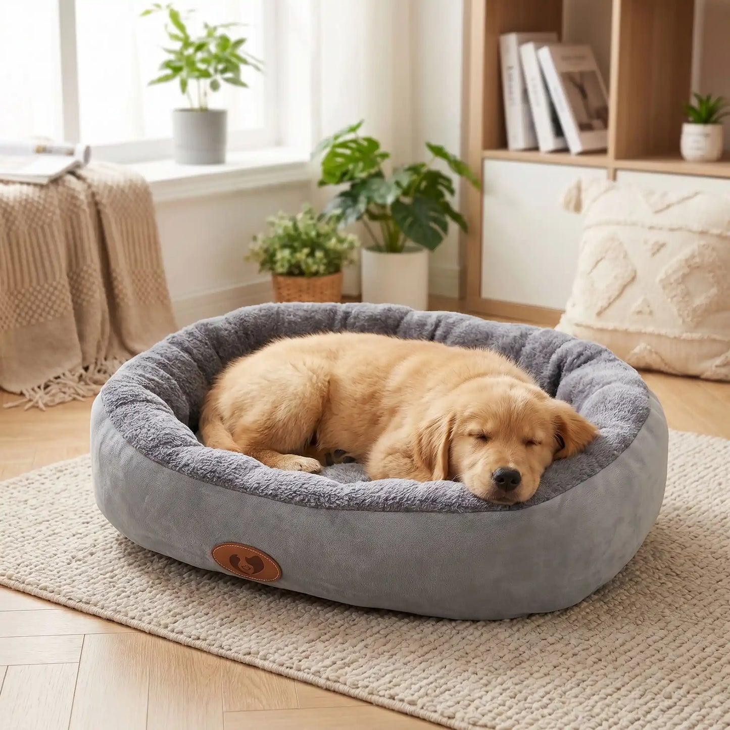 Panier-chiot-coussin-anti-stress avec rebord 360° surélevé rembourré et épais au rembourrage 100% coton haute densité lavable en machine, hypoallergénique, doux, chaud et respirant , fond antidérapant et imperméable pour chiot de petite, moyenne, grande et très grade race de 0 à 40 kilos en 5 tailles S, M, L, XL et XXL-un chiot de race moyenne qui dort paisiblement dans son panier à rebord ovale de couleur gris épais et rembourré pour un effet cocooning anti stress dans le salon de l'apartement