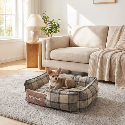 Panier-chiot-déhoussable-4-saisons, lavable en machine, housse en tissu respirant lin et coton, rembourrage 100% coton haute densité épais et ergonomique, coutures solides et résistant aux griffes et morsures, design soigné et motif carreaux écossais de couleur gris, marron et beige pour chiot de 0 à 15 kilos-un chiot chihuahua couché confortablement dans son petit panier rectangulaire à motif à carreaux chic dans le salon de l'appartement