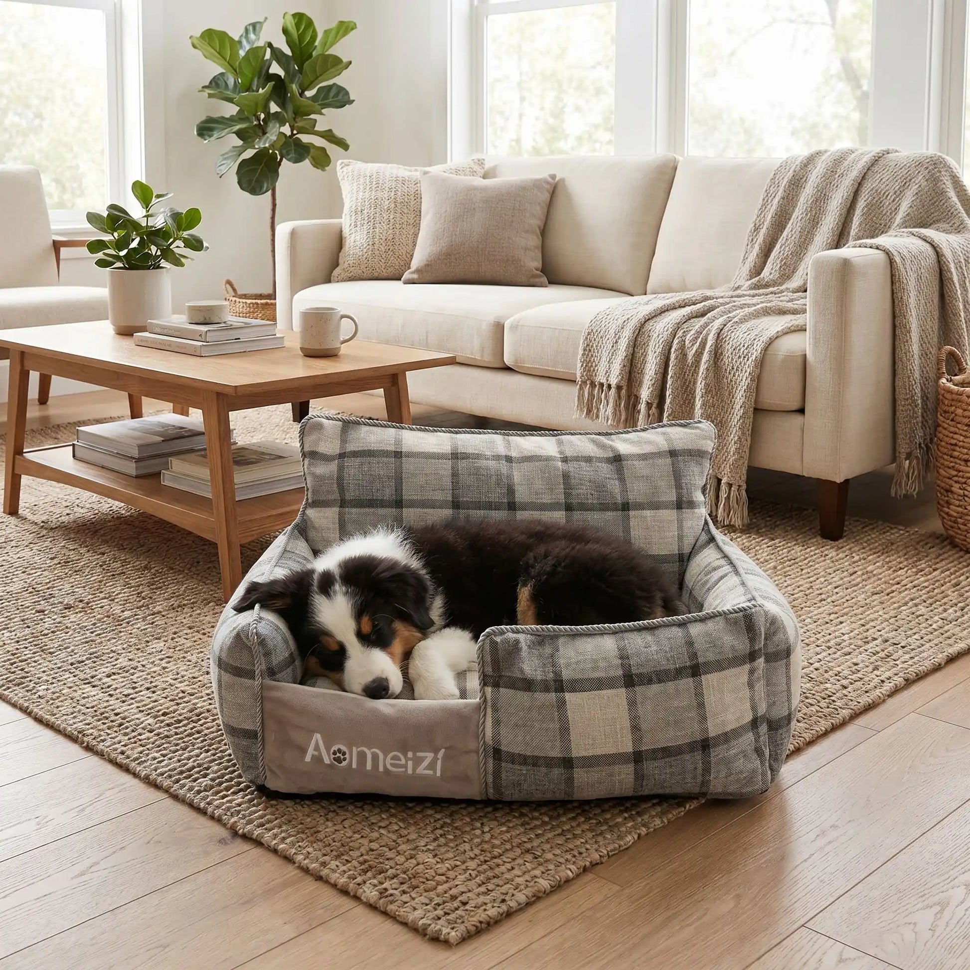 Panier-chiot-déhoussable-4-saisons, lavable en machine, housse en tissu respirant lin et coton, rembourrage 100% coton haute densité épais et ergonomique, coutures solides et résistant aux griffes et morsures, design soigné et motif carreaux écossais de couleur gris foncé et gris clair pour chiot de 0 à 15 kilos-un chiot de race moyenne qui dort couché confortablement dans son petit panier rectangulaire à motif à carreaux chic dans le salon de la maison
