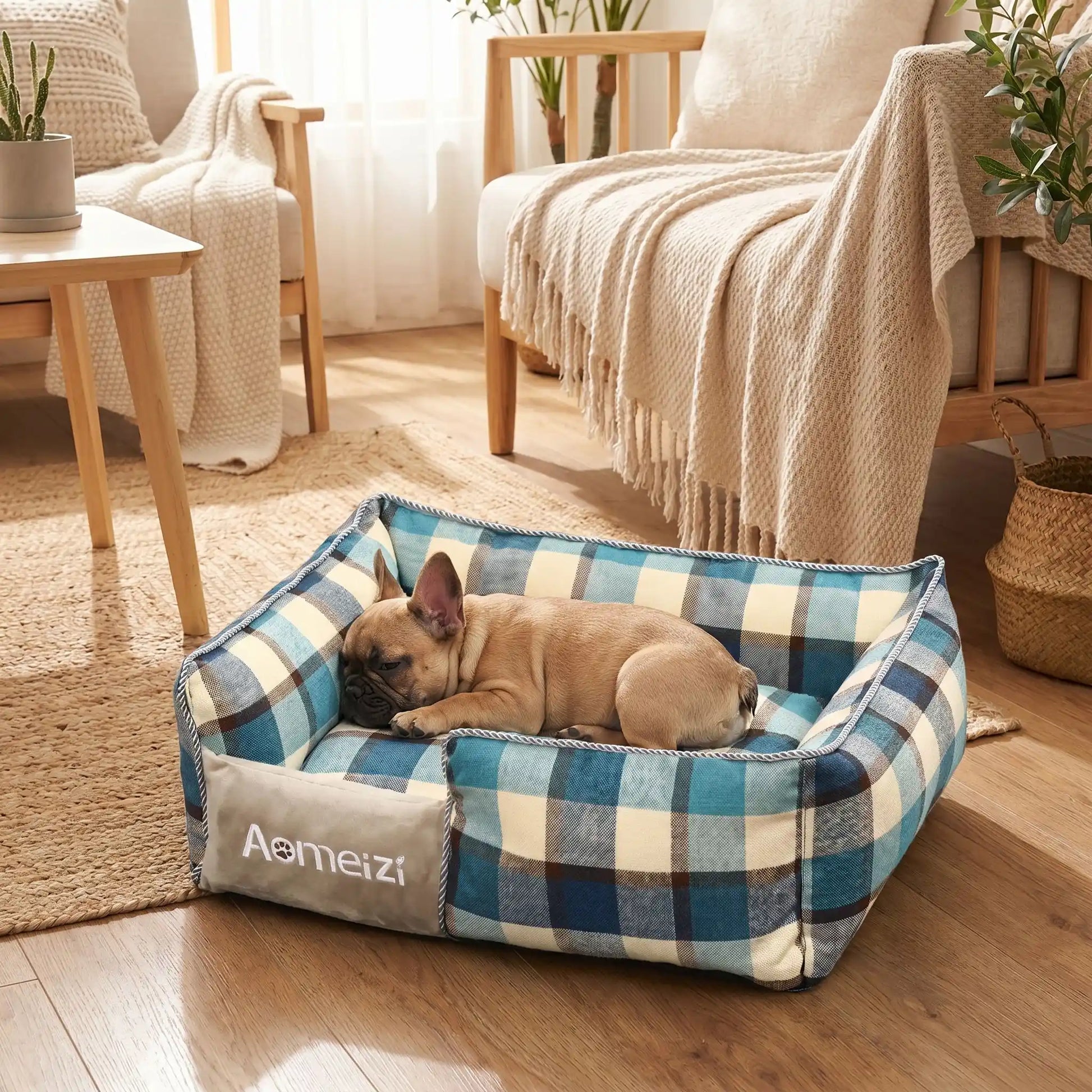 Panier-chiot-déhoussable-4-saisons, lavable en machine, housse en tissu respirant lin et coton, rembourrage 100% coton haute densité épais et ergonomique, coutures solides et résistant aux griffes et morsures, design soigné et motif carreaux écossais de couleur bleu et blanc pour chiot de 0 à 15 kilos-un chiot de race de taille moyenne qui dort niché confortablement dans son petit panier rectangulaire à motif à carreaux chic dans le salon de la maison