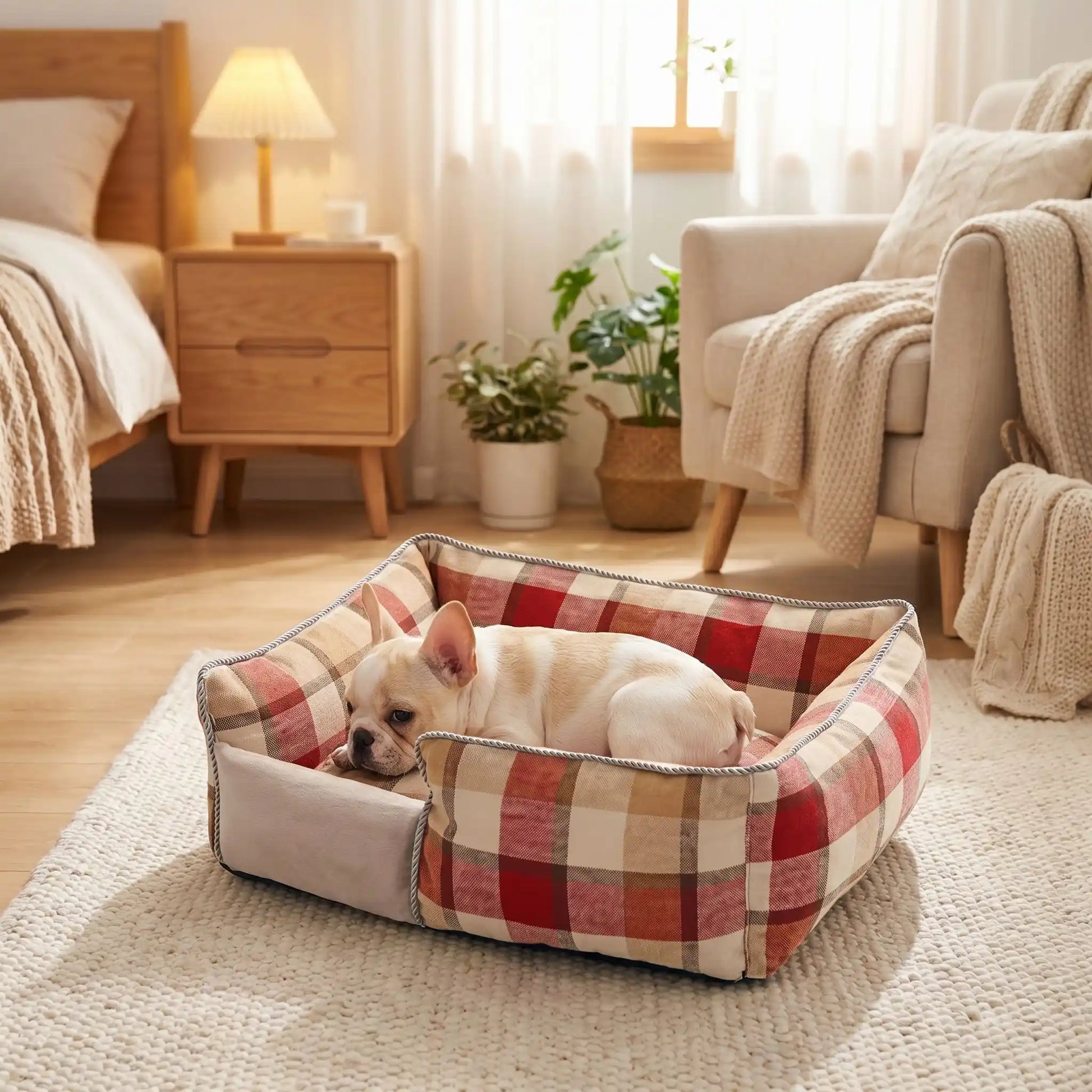 Panier-chiot-déhoussable-4-saisons, lavable en machine, housse en tissu respirant lin et coton, rembourrage 100% coton haute densité épais et ergonomique, coutures solides et résistant aux griffes et morsures, design soigné et motif carreaux écossais de couleur vermillon, blanc et beige pour chiot de 0 à 15 kilos-un chiot de petite race couché confortablement dans son petit panier rectangulaire à motif à carreaux chic dans le salon de la maison