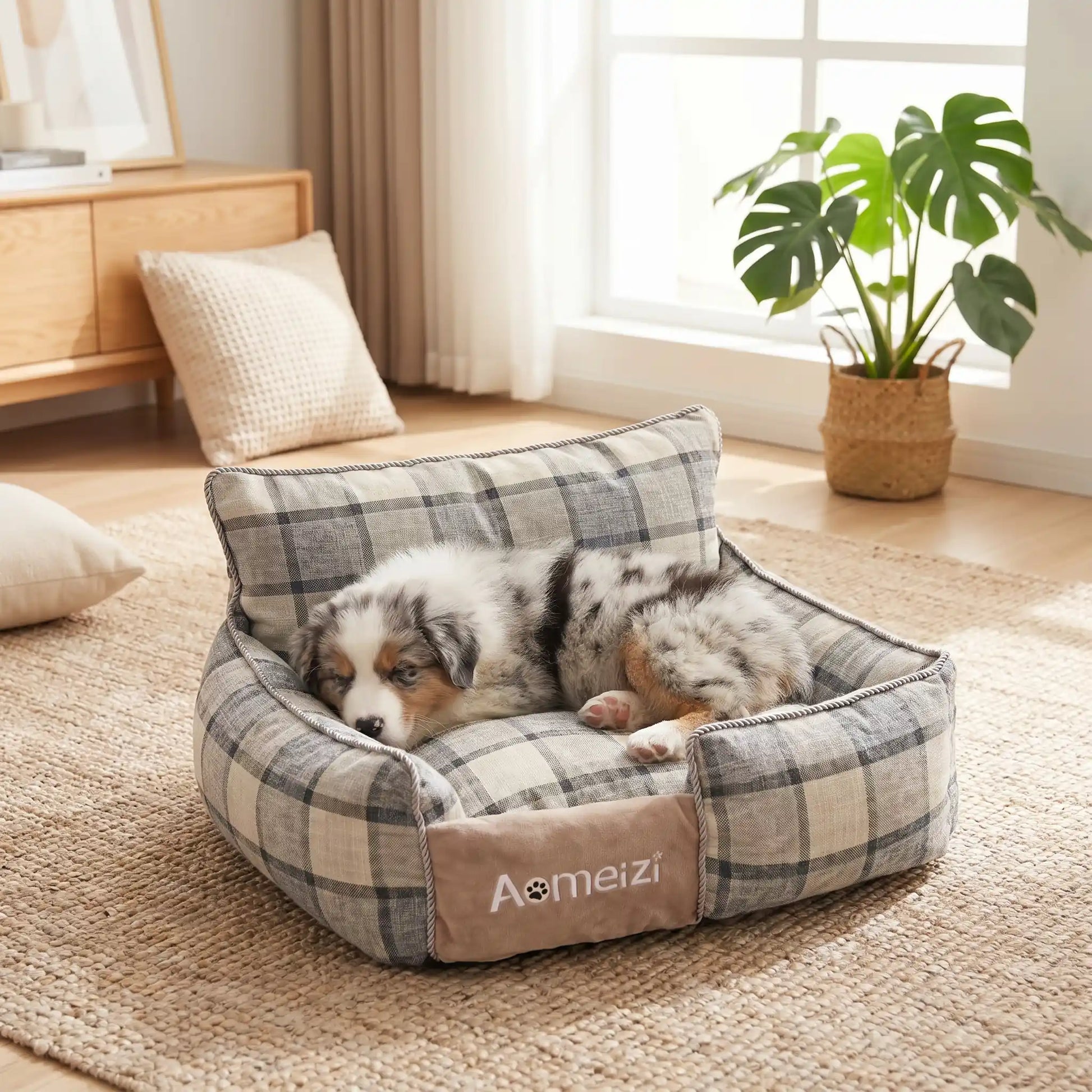 Panier-chiot-déhoussable-4-saisons, lavable en machine, housse en tissu respirant lin et coton, rembourrage 100% coton haute densité épais et ergonomique, coutures solides et résistant aux griffes et morsures, design ectangulaire avec dossier plus haut et épais que les rebords latéraux style canapé moelleux,  motif carreaux écossais pour chiot de 0 à 15 kilos-un chiot de race moyenne taille qui dort paisiblement dans son petit panier à motif à carreaux gris et blanc chic dans la chambre de l'appartement