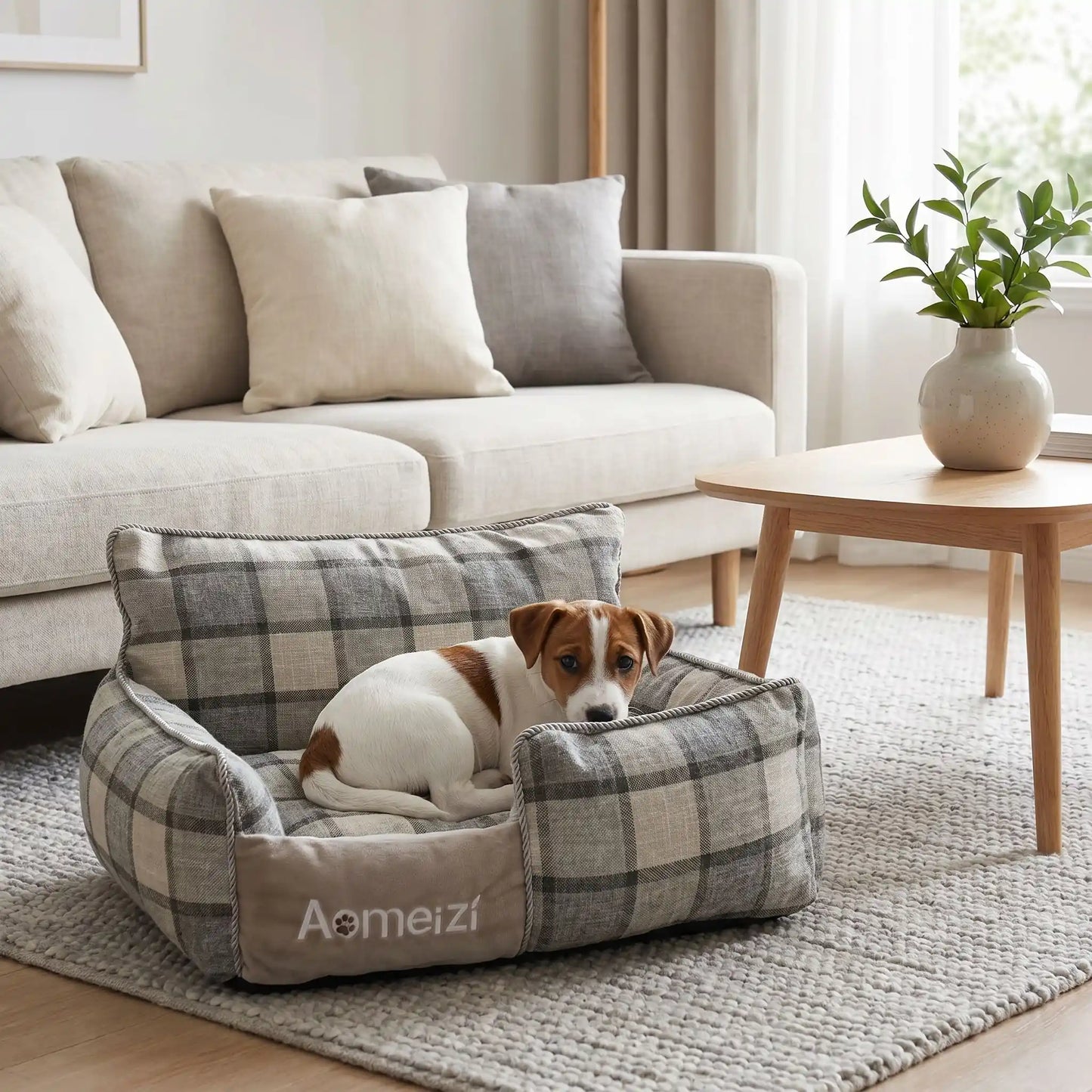Panier-chiot-déhoussable-4-saisons, lavable en machine, housse en tissu respirant lin et coton, rembourrage 100% coton haute densité épais et ergonomique, coutures solides et résistant aux griffes et morsures, design ectangulaire avec dossier plus haut et épais que les rebords latéraux style canapé moelleux,  motif carreaux écossais pour chiot de 0 à 15 kilos-un chiot de race petite taille couché confortablement dans son petit panier à motif à carreaux bleu chic dans le salon de la maison