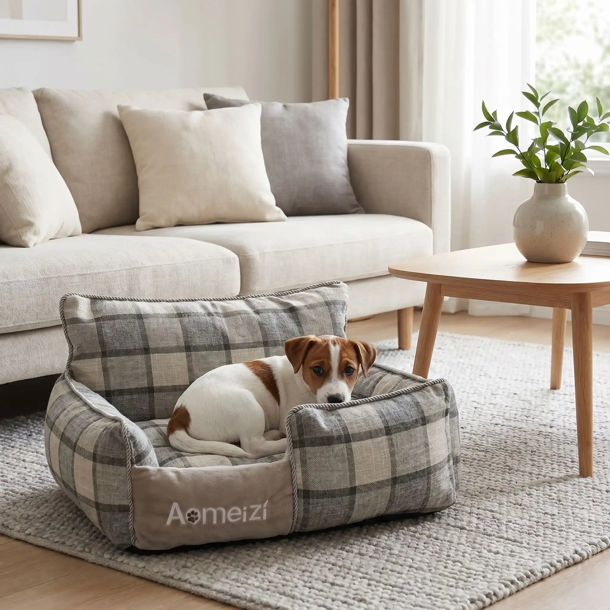 Panier-chiot-déhoussable-4-saisons, lavable en machine, housse en tissu respirant lin et coton, rembourrage 100% coton haute densité épais et ergonomique, coutures solides et résistant aux griffes et morsures, design ectangulaire avec dossier plus haut et épais que les rebords latéraux style canapé moelleux,  motif carreaux écossais pour chiot de 0 à 15 kilos-un chiot de race petite taille couché confortablement dans son petit panier à motif à carreaux bleu chic dans le salon de la maison