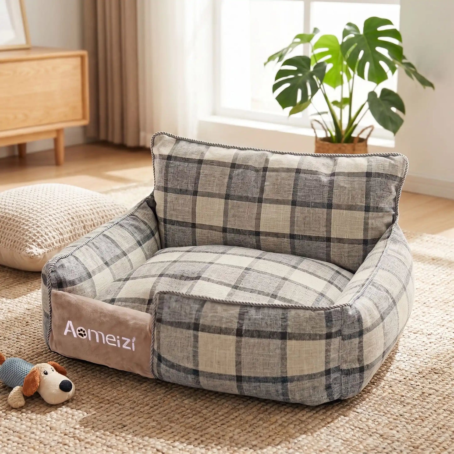 Panier-chiot-déhoussable-4-saisons, lavable en machine, housse en tissu respirant lin et coton, rembourrage 100% coton haute densité épais et ergonomique, coutures solides et résistant aux griffes et morsures, design ectangulaire avec dossier plus haut et épais que les rebords latéraux style canapé moelleux,  motif carreaux écossais pour chiot de 0 à 15 kilos-gros plan sur le panier rectangulaire gris en forme de canapé/fauteuil rembourré 100% coton haute densité moelleux et ergonomique 100% déhoussable 