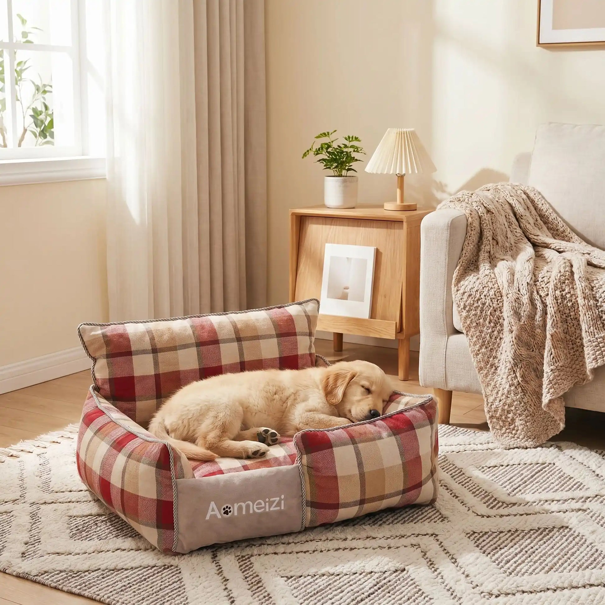 Panier-chiot-déhoussable-4-saisons, lavable en machine, housse en tissu respirant lin et coton, rembourrage 100% coton haute densité épais et ergonomique, coutures solides et résistant aux griffes et morsures, design ectangulaire avec dossier plus haut et épais que les rebords latéraux style canapé moelleux,  motif carreaux écossais pour chiot de 0 à 15 kilos-un chiot golden retriever qui dort paisiblement dans son petit panier à motif à carreaux bleu chic dans la chambre de l'appartement