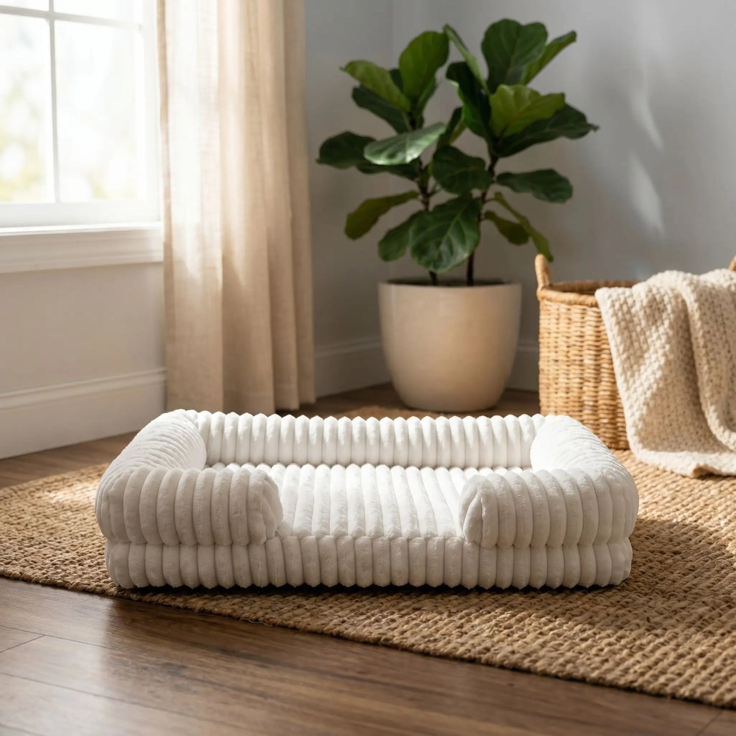 Panier-confort-chien-chiot-orthopédique-anti-stress confortable avec housse en velours doux et chaud imperméable et antidérapant résistant aux griffes et morsures vaec rebords surélevés au rembourrage 100% coton haute densité hypoallergénique en 3 tailles M, L et XL pour chien et chiot de 0 à 40 kilos-gros plan sur le panier douillet avec matelas à mémoire de forme et housse douce comme une peluche pour chien en taille XL de couleur blanc dans le salon lifestile de la maison