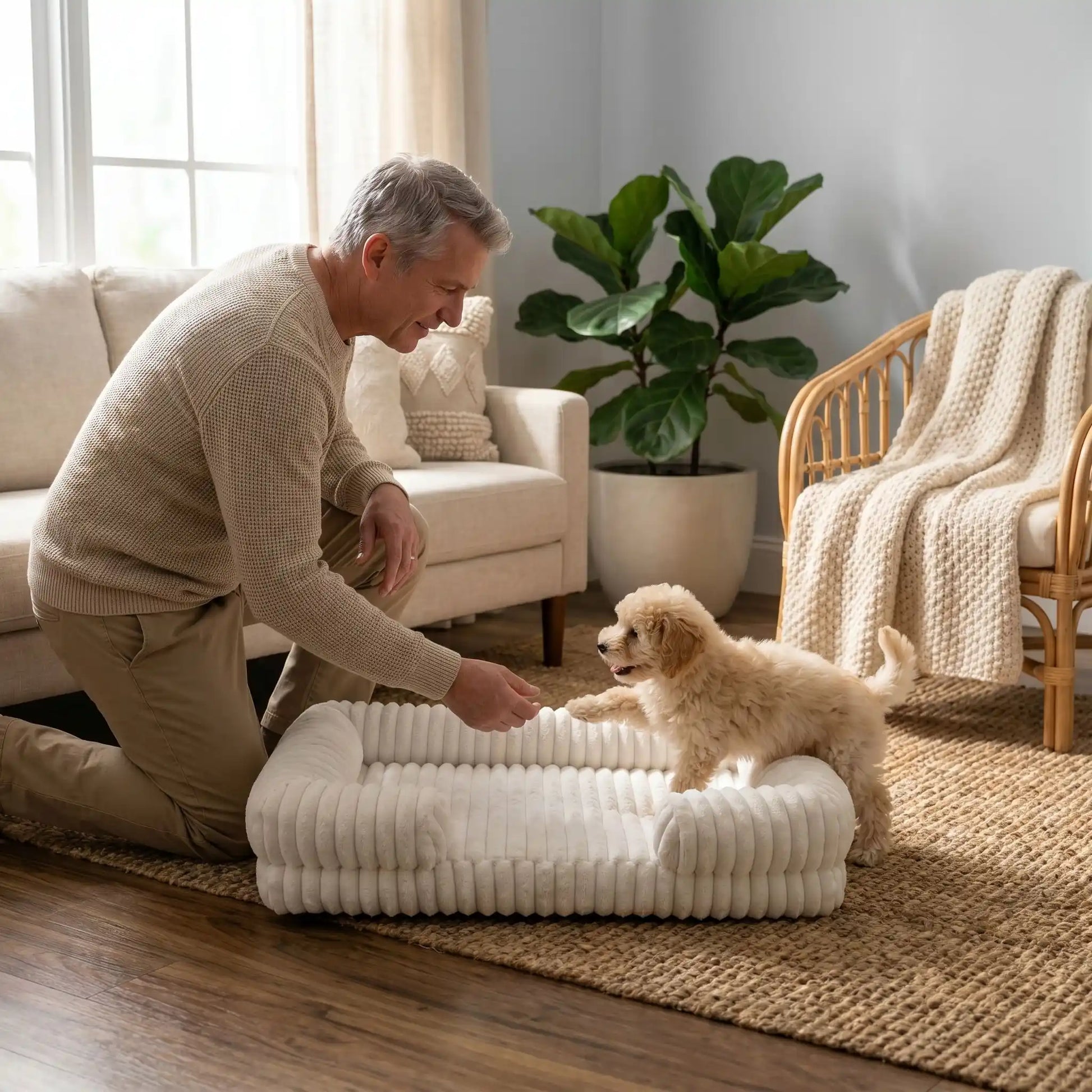 Panier-confort-chien-chiot-orthopédique-anti-stress confortable avec housse en velours doux et chaud imperméable et antidérapant résistant aux griffes et morsures vaec rebords surélevés au rembourrage 100% coton haute densité hypoallergénique en 3 tailles M, L et XL pour chien et chiot de 0 à 40 kilos-un maitre qui encourage son chiot caniche à s'installer dans le panier douillet avec matelas à mémoire de forme et veloursz doux comme une peluche en taille M de couleur blanc dans le salon de l'appartement