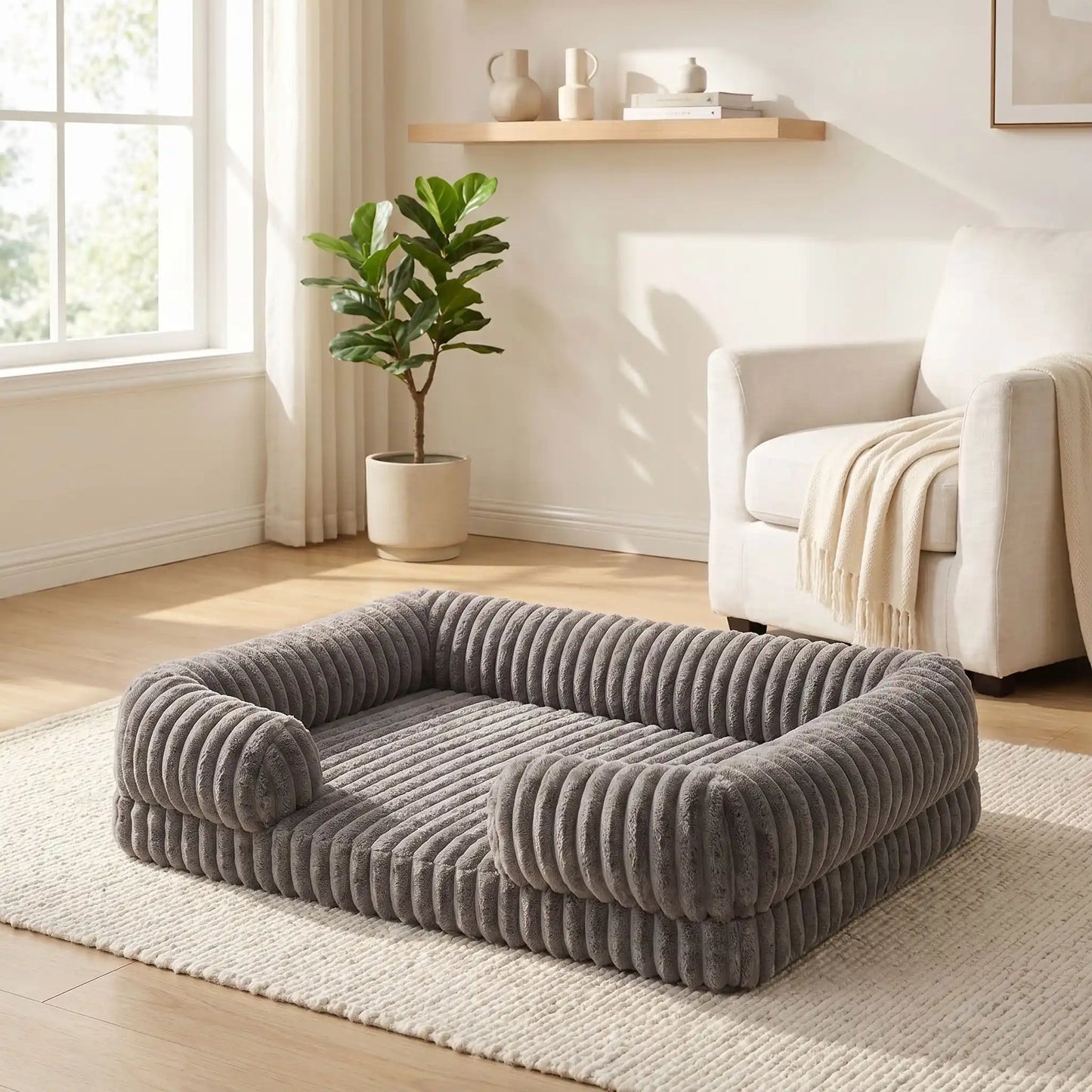 Panier-confort-chien-chiot-orthopédique-anti-stress confortable avec housse en velours doux et chaud imperméable et antidérapant résistant aux griffes et morsures vaec rebords surélevés au rembourrage 100% coton haute densité hypoallergénique en 3 tailles M, L et XL pour chien et chiot de 0 à 40 kilos-gros plan sur le panier douillet , à mémoire de forme doux comme une peluche pour chien en taille M  de couleur marron dans le salon lifestyle de l'appartement