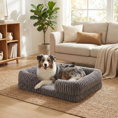 Panier-confort-chien-chiot-orthopédique-anti-stress confortable avec housse en velours doux et chaud imperméable et antidérapant résistant aux griffes et morsures vaec rebords surélevés au rembourrage 100% coton haute densité hypoallergénique en 3 tailles M, L et XL pour chien et chiot de 0 à 40 kilos-un chien de race moyenne heureux et couché confortablement dans le panier douillet et sécurisant avec matelas à mémoire de forme et velours doux déhoussable, imperméable et anidérapant dans le salon 