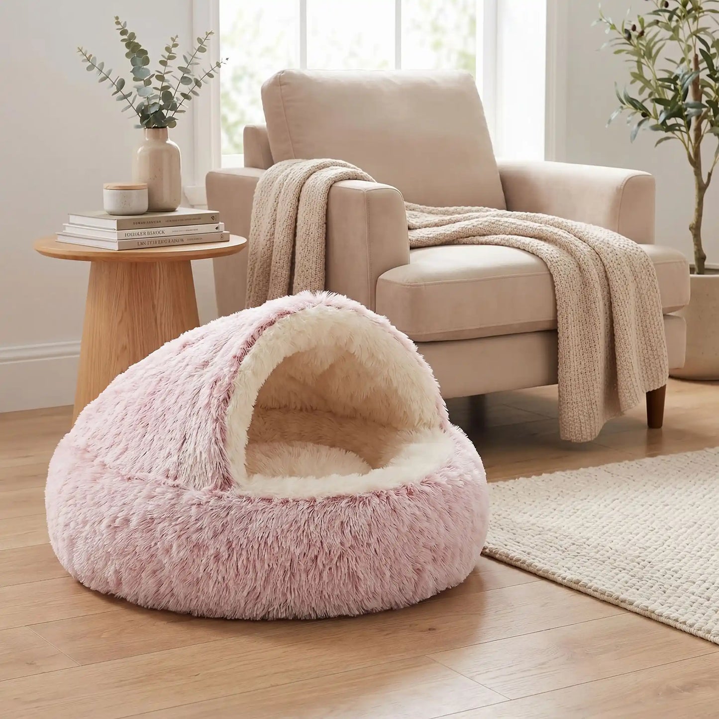 Panier-couvert-chien-chiot douillet, lit en peluche rond avec toit souple qui sert de couverture cousue au panier rond et profond comme un donut au rembourrage 100% coton haute densité, lavable et ergonomique pour un effet apaisant et anti-stress, chaud pour les chiots et chiens de petite taille de 0 à 5 kg, anxieux ou frileux-gros plan sur le panier rond et épais pour chiot et chien de petite taille et race naine ou miniature de couleur rose et blanc à l'intérieur en peluche douce et rembourrage coton PP