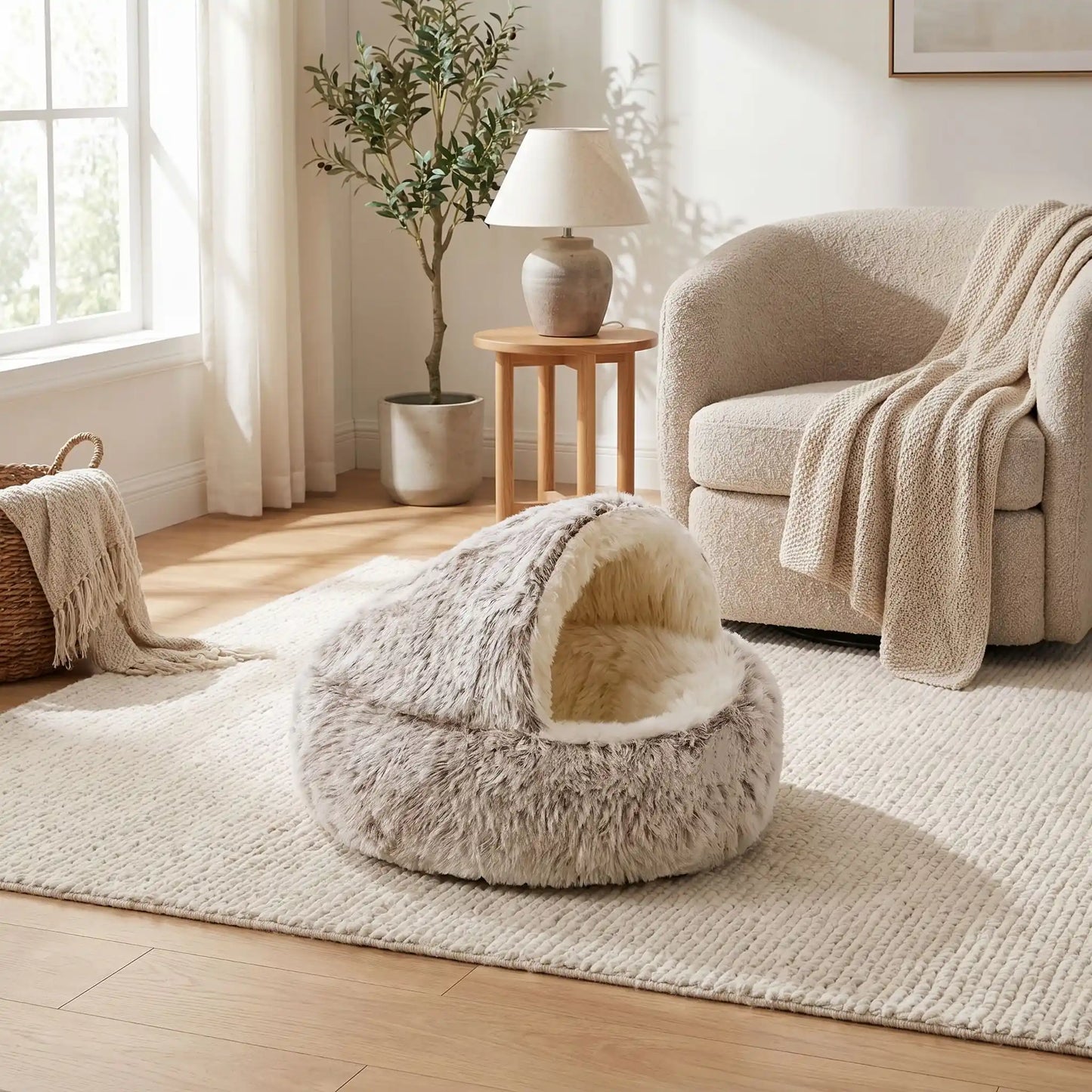 Panier-couvert-chien-chiot douillet, lit en peluche rond avec toit souple qui sert de couverture cousue au panier rond et profond comme un donut au rembourrage 100% coton entourant et ergonomique pour un effet apaisant et anti-stress, lavable et chaud pour les chiots et chiens de petite taille de 0 à 5 kg, anxieux ou frileux-gros plan sur le panier rond et épais pour chiot et chien de petite taille et race naine ou miniature de couleur marron et blanc à l'intérieur en peluche douce et rembourrage coton PP