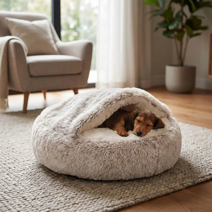 Panier-couvert-chien-chiot douillet, lit en peluche rond avec toit souple qui sert de couverture cousue au panier rond et profond comme un donut au rembourrage 100% coton haute densité entourant et ergonomique pour un effet apaisant et anti-stress, chaud pour les chiots et chiens de petite taille de 0 à 5 kg, anxieux ou frileux-un chiot de race naine qui dort niché dans son panier lavable et antidérapant rond, couleur marron avec le toit reposant sur son corps pour un effet calmant qui protège du froid 