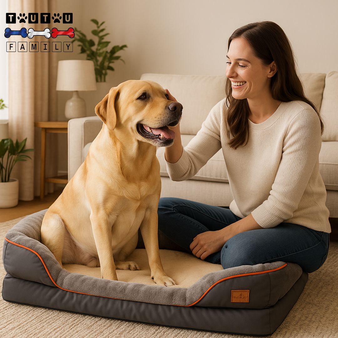 Panier-grand-chien-déhoussable-un-maitre souriant qui caresse son grand chien assis dans son panier xxl imperméable-lavable-en machine avec son matelas à mémoire de forme