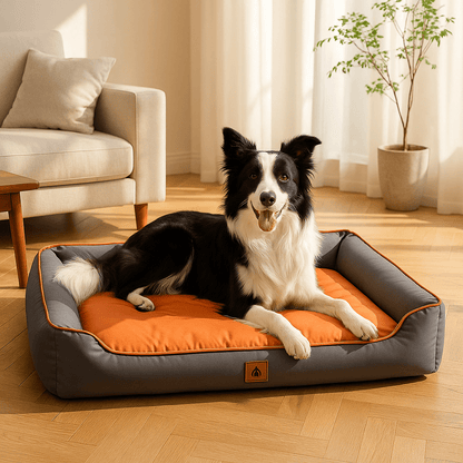 Panier-chien-imperméable-coton-oxford-coutures solides matelassé-rembourrage 100% Coton haute densité-moelleux-douillet-100% imperméable-antidérapant-résistant aux griffes-pour chien de petite à moyenne taille-un chien de taille moyenne couché confortablement sur le panier avec rebord entourant en coton PP dans le salon de la maison