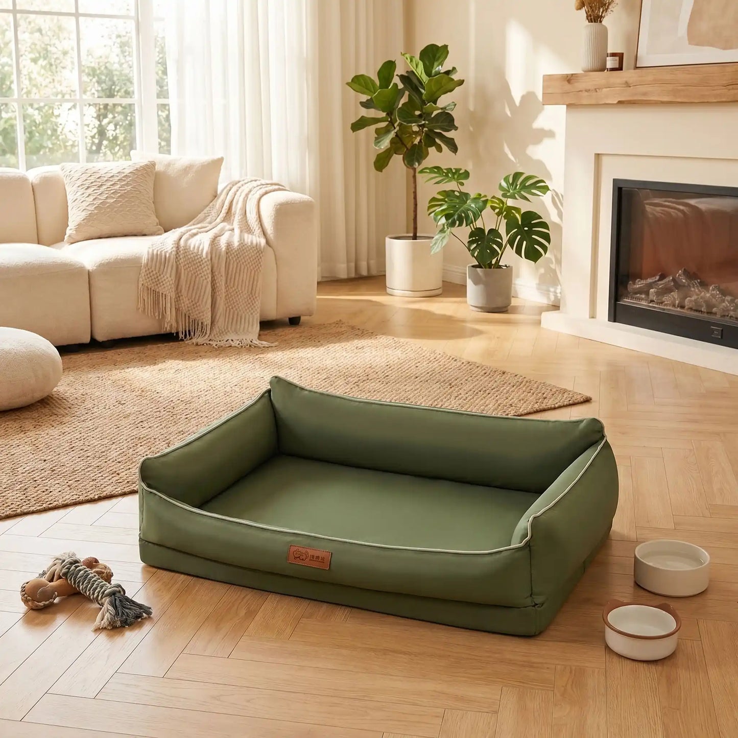 Panier-lavable-pour-chien-impermeable-4-saisons pour chiot, chien de petite, moyenne et grande taille du S au XL, avec matelas orthopédique à mémpoire de forme, déhoussable et lavable en machine, housse 100% imperméable en tissu solide et résistant, panier rectagulaire avec rebord surélevé et dossier plus haut pour un effet canapé lit pour chien-gros plan sur le panier confortable et ergonomique pour chien en taille XL en couleur vert olive sur le sol du salon de la maison