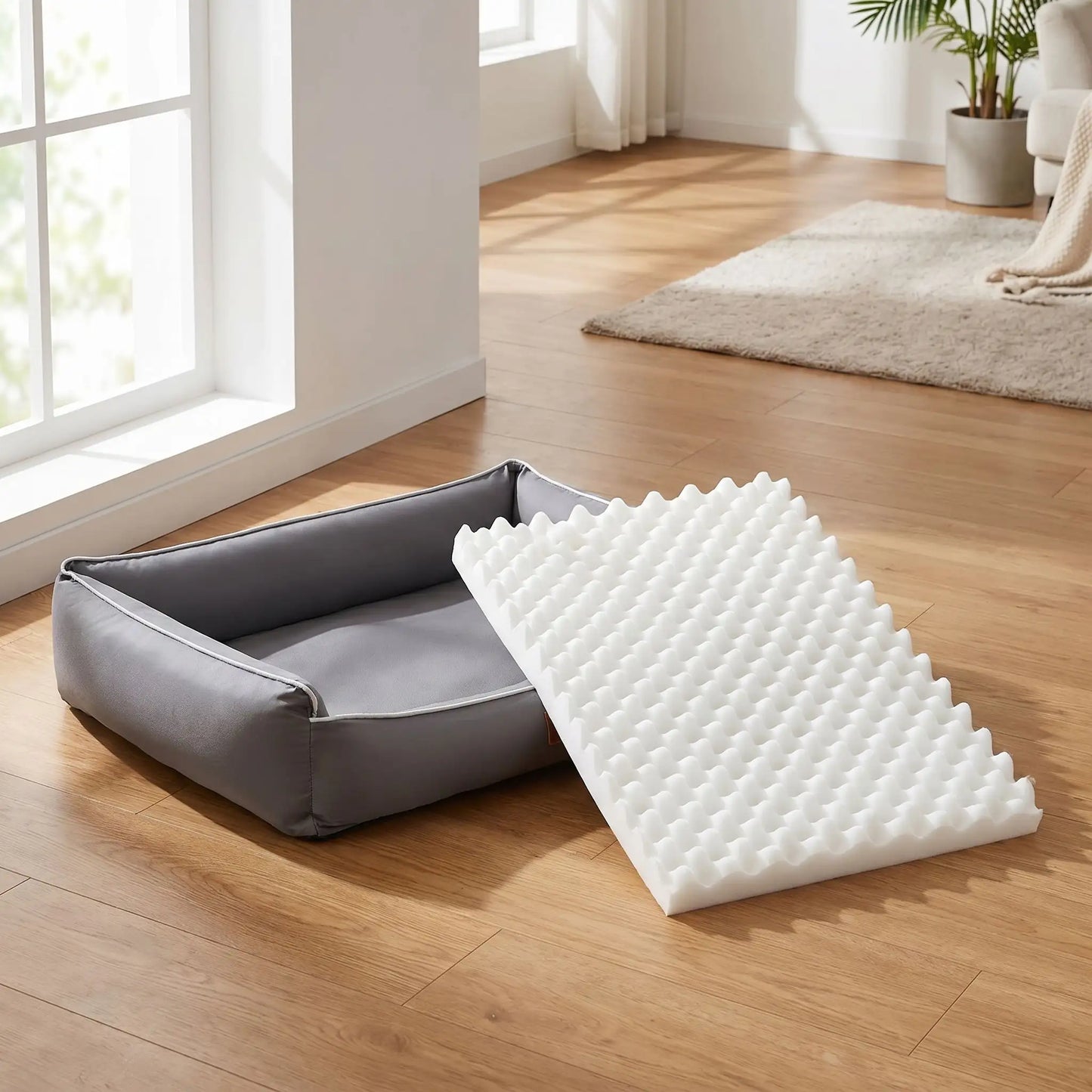 Panier-lavable-pour-chien-impermeable-4-saisons pour chiot, chien de petite, moyenne et grande taille du S au XL, avec matelas orthopédique à mémoire de forme, déhoussable et lavable en machine, housse 100% imperméable en tissu solide et résistant, panier rectagulaire avec rebord surélevé et dossier plus haut pour un effet canapé lit pour chien-gros plan sur le panier confortable et ergonomique déhoussé pour chien avec sa housse en tissu résistant aux griffes,morsures antidérapant et matelas  orthopédique