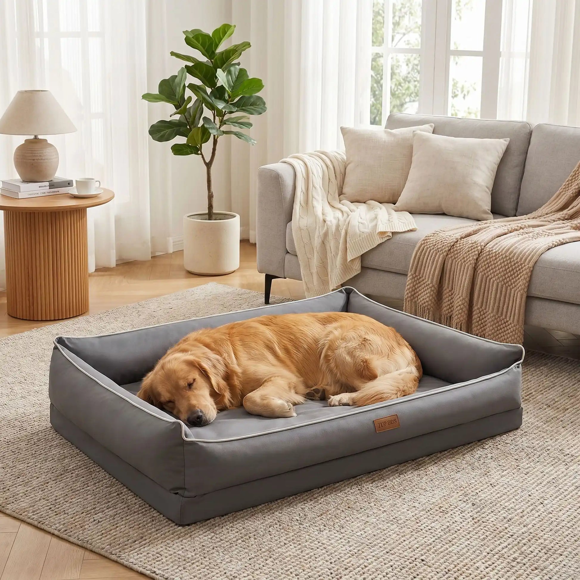 Panier-lavable-pour-chien-impermeable-4-saisons pour chiot, chien de petite, moyenne et grande taille du S au XL, avec matelas orthopédique à mémpoire de forme, déhoussable et lavable en machine, housse 100% imperméable en tissu solide et résistant, panier rectagulaire avec rebord surélevé et dossier plus haut pour un effet canapé lit pour chien-un chien de race moyenne qui dort paisiblement,sa tête niché dans le rebord rembourré 100% coton haute densité dans son grand panier orthopédique dans le salon