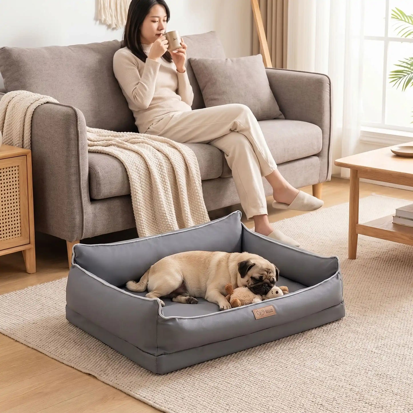 Panier-lavable-pour-chien-impermeable-4-saisons pour chiot, chien de petite, moyenne et grande taille du S au XL, avec matelas orthopédique à mémpoire de forme, déhoussable et lavable en machine, housse 100% imperméable en tissu solide et résistant, panier rectagulaire avec rebord surélevé et dossier plus haut pour un effet canapé lit pour chien-un petit chien qui dort paisiblement,sa tête niché dans le rebord rembourré 100% coton haute densité de son panier orthopédique taille S au pied de sa maîtresse 