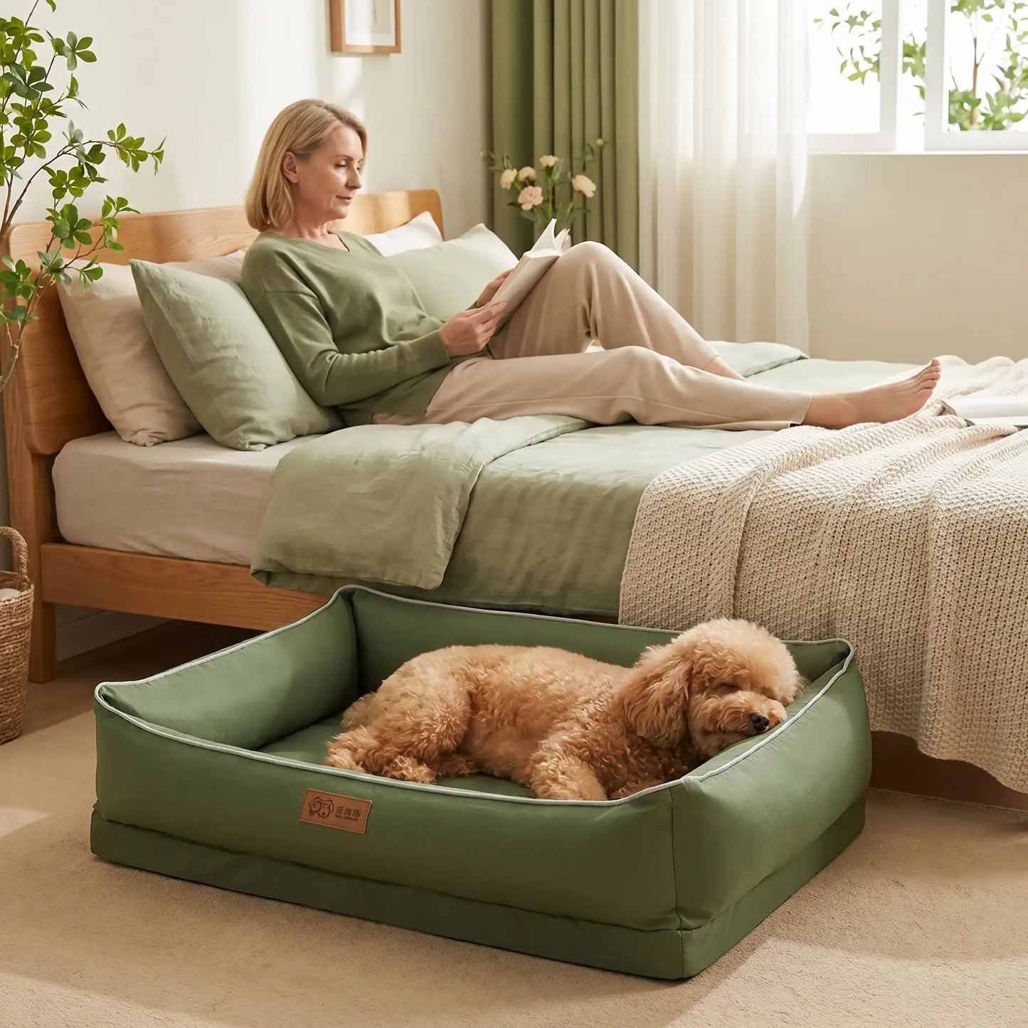 Panier-lavable-pour-chien-impermeable-4-saisons pour chiot, chien de petite, moyenne et grande taille du S au XL, avec matelas orthopédique à mémpoire de forme, déhoussable et lavable en machine, housse 100% imperméable en tissu solide et résistant, panier rectagulaire avec rebord surélevé et dossier plus haut pour un effet canapé lit pour chien-un chien moyen qui dort paisiblement,sa tête posée sur le rebord rembourré 100% coton haute densité dans son  panier orthopédique au pied du lit de sa maîtresse 