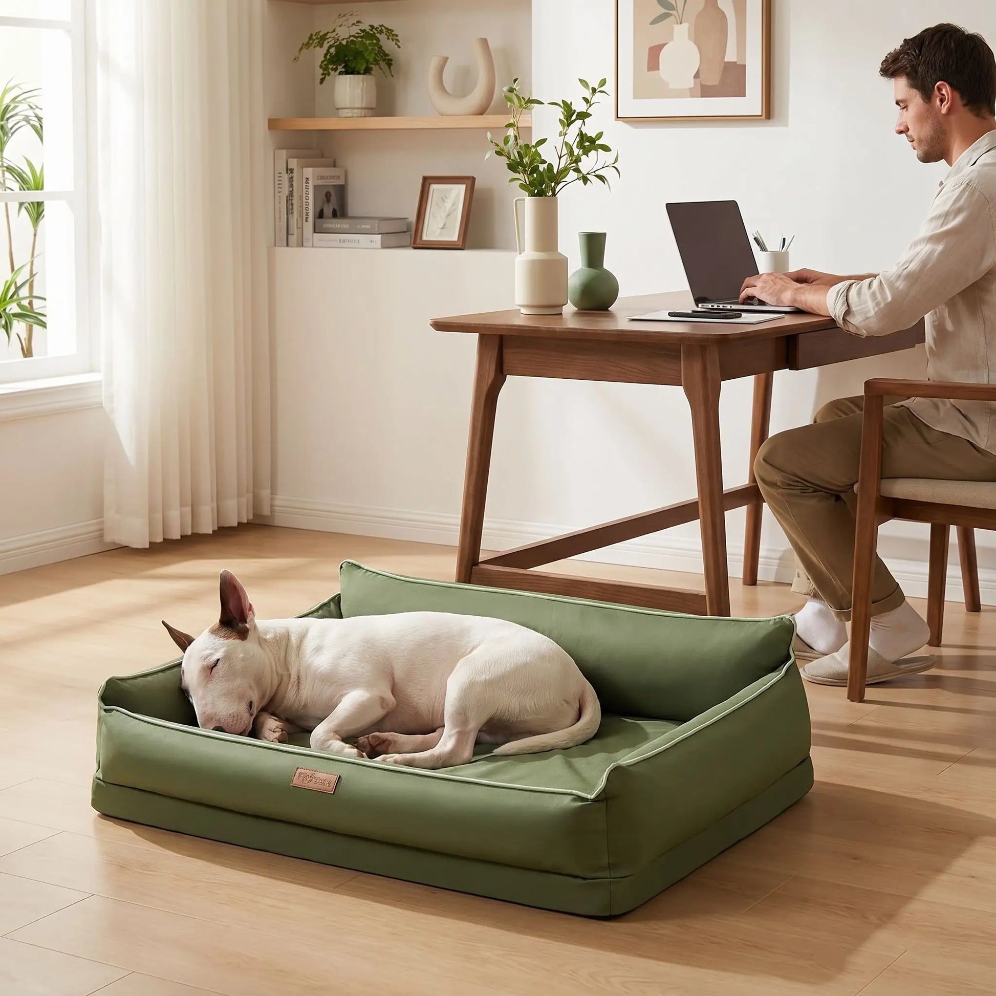 Panier-lavable-pour-chien-impermeable-4-saisons pour chiot, chien de petite, moyenne et grande taille du S au XL, avec matelas orthopédique à mémpoire de forme, déhoussable et lavable en machine, housse 100% imperméable en tissu solide et résistant, panier rectagulaire avec rebord surélevé et dossier plus haut pour un effet canapé lit pour chien-un Bull terrier qui dort paisiblement,sa tête niché dans le rebord rembourré 100% coton haute densité dans son grand panier orthopédique au pied de son maître 