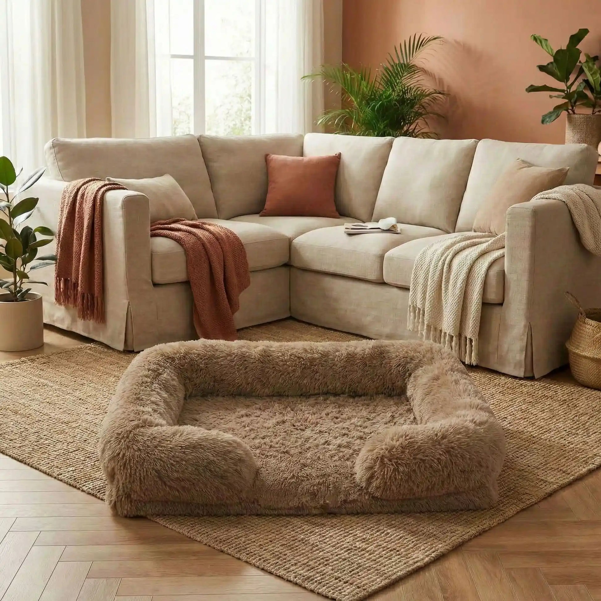 Panier-orthopédique-chien-déhoussable-coussin rectangulaire avec rebord surélevé en traversin qui sert d'oreiller ergonomique à 360° rembourrage 100% coton haute densité pour un effet anti stress et anti anxiété-housse en peluche ultra douce, hypoallergénique, imperméable, antidérapant et lavable en machine pour chiot et chien de taille petite à moyen jusqu'à 15 kg max-couleur marron