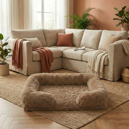 Panier-orthopédique-chien-déhoussable-coussin rectangulaire avec rebord surélevé en traversin qui sert d'oreiller ergonomique à 360° rembourrage 100% coton haute densité pour un effet anti stress et anti anxiété-housse en peluche ultra douce, hypoallergénique, imperméable, antidérapant et lavable en machine pour chiot et chien de taille petite à moyen jusqu'à 15 kg max-couleur marron