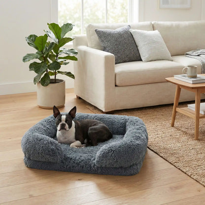 Panier-orthopédique-chien-déhoussable-coussin rectangulaire avec rebord surélevé en traversin qui sert d'oreiller ergonomique à 360° rembourrage 100% coton haute densité pour un effet anti stress et anti anxiété-housse en peluche ultra douce, hypoallergénique, imperméable, antidérapant et lavable en machine pour chiot et chien de taille petite à moyen jusqu'à 15 kg max-un  Boston Terrier qui couché confortablement au chaud dans son panier avec rebord rembourré entourant et apaisant dans le salon