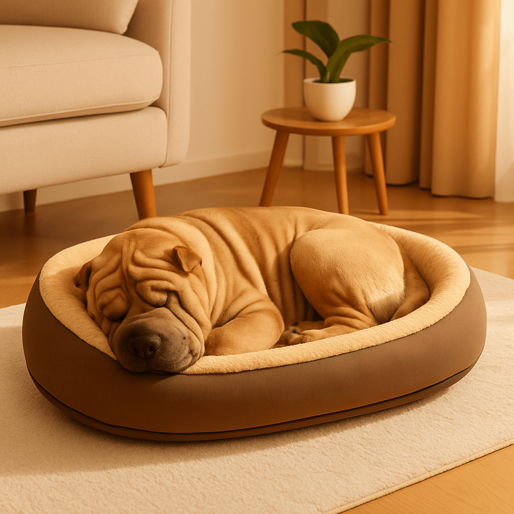 Panier-orthopédique-chien-antidérapant-déhoussable et lavable en machine-rebord surélevé 360°-rembourrage 100% coton haute densité hypoallergénique-un chien moyen qui dort niché au chaud dans son lit en peluche ovale gris dans le salon de l'appartement