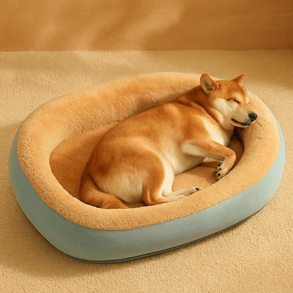 Panier-orthopédique-chien-antidérapant-déhoussable et lavable en machine-rebord surélevé 360°-rembourrage 100% coton haute densité hypoallergénique-un Shiba Inu qui dort paisiblement sur le flanc au chaud dans son lit en peluche ovale entouré du rebord doux et épais dans le salon de l'appartement