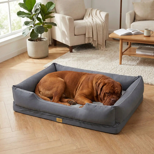 Panier-orthopedique-chien chiot entièrement déhoussable et lavable en machine, avec matelas éponge 100% coton haute résilience à mémoire de forme, imperméable et antidérapant, avec rebords surélevés et housse  imperméable résistante aux griffes, intérieur en fausse fourrure de mouton hypoallergénique et ultra-doux, disponible en 4 tailles M, L, XL et XXL pour chiot et chien de 0 à 60 kilos max-un chien de très grande race qui dort paisiblement niché contre les rebords surélevés de son grand panier gris xxl 