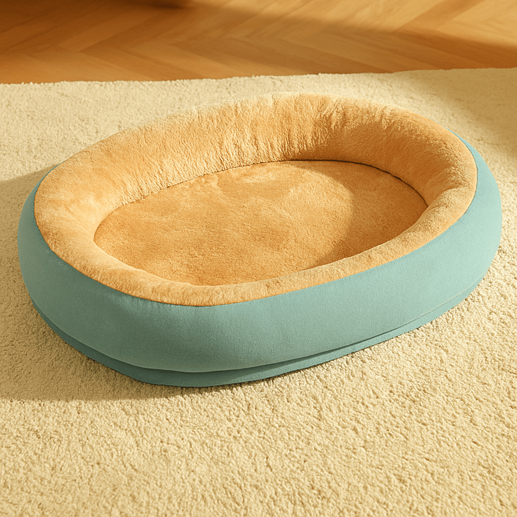 Panier-orthopédique-chien-antidérapant-déhoussable et lavable en machine-rebord surélevé 360°-rembourrage 100% coton haute densité hypoallergénique-de couleur saumon à l'intérieur et vert d'eau à l'extérieur