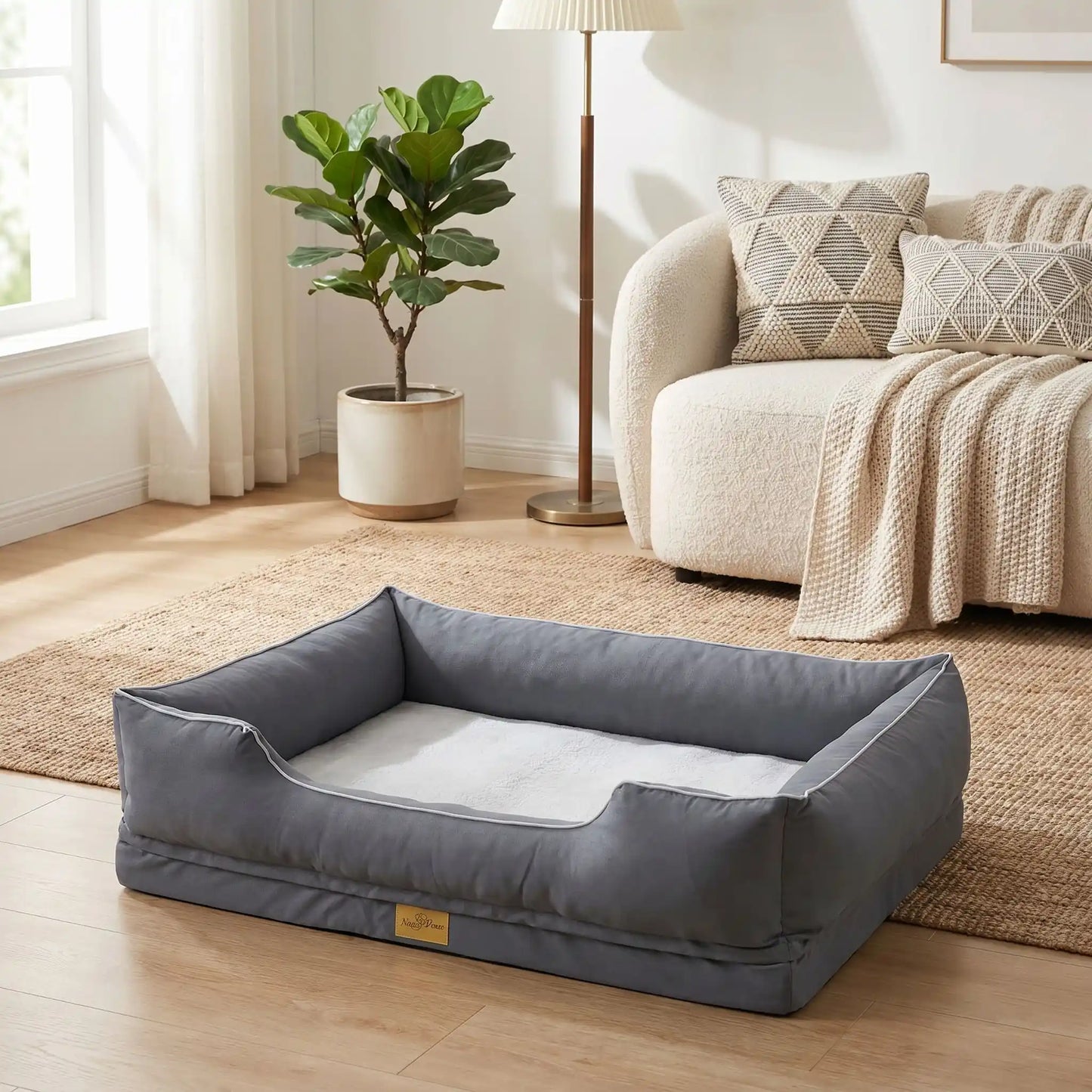 Panier-orthopedique-chien chiot entièrement déhoussable et lavable en machine, avec matelas éponge 100% coton haute résilience à mémoire de forme, imperméable et antidérapant, avec rebords surélevés et housse  imperméable résistante aux griffes, intérieur enfausse fourrure de mouton hypallergénique et ultra-doux, disponible en 4 tailles M, L, XL et XXL pour chiot et chien de 0 à 60 kilos max-gros plan sur le panier orthopédique pour chien taille L avec le fond en fausse fourrure ultra douce et design épuré