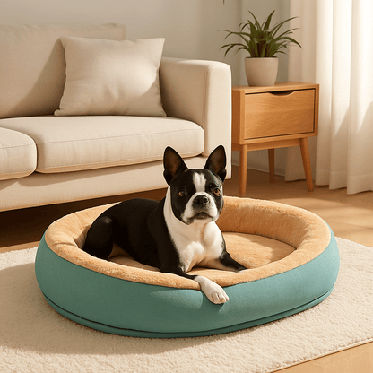Panier-orthopédique-chien-antidérapant-déhoussable et lavable en machine-rebord surélevé 360°-rembourrage 100% coton haute densité hypoallergénique-panier anti stress pour chien de petite à moyenne taille-un Boston Terrier couché confortablement au chaud dans son lit en peluche ovale vert pastel dans le salon de la maison