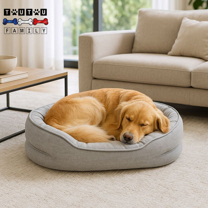 Panier-orthopedique-chien-ergonomique-un-golden couché en boule avec sa tête reposant sur le coussin intégré à 360° 100% coton pour un soutien ergonomique qui soulage les articulations — déhoussable-lavable-100%-imperméable-résistant-aux-griffes-et-morsure-pour-chien de-petite à grande taille jusqu'à 35kg
