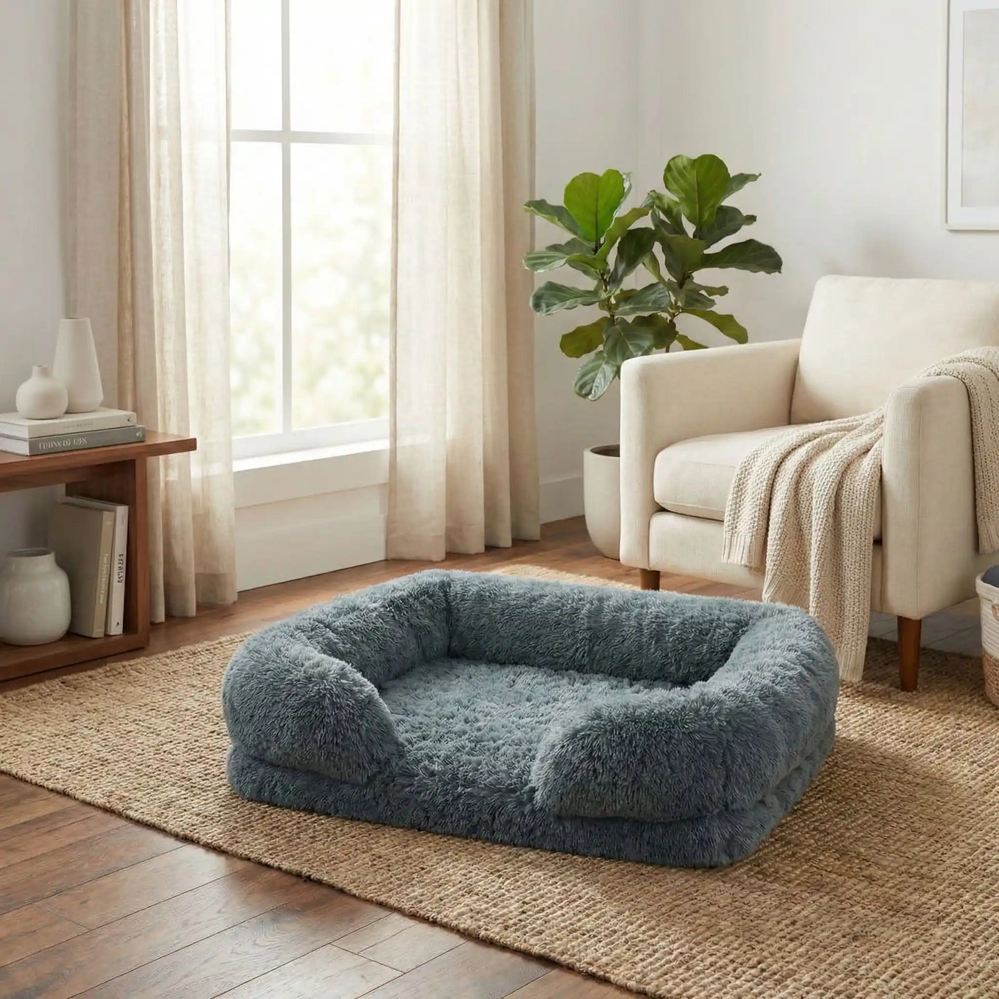 Panier-orthopédique-chien-déhoussable-coussin rectangulaire avec rebord surélevé en traversin qui sert d'oreiller ergonomique à 360° rembourrage 100% coton haute densité pour un effet anti stress et anti anxiété-housse en peluche ultra douce, hypoallergénique, imperméable, antidérapant et lavable en machine pour chiot et chien de taille petite à moyen jusqu'à 15 kg max-couleur gris