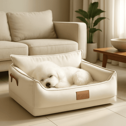 Panier-orthopédique-chien-imperméable-anti-acarien-anti-bactéries-hypoallergénique-hygiénique-lavable-résistant aux griffes et morsures légère-antidérapant-design luxueux-en latex 100% naturel-ergonomique et durable-avec rebords surélevés-dossier haut comme un canapé-poignée de transport-pour chien de petite à moyenne taille-un petit chien blanc qui dort paisiblement dans son panier haut de gamme respirant de couleur crème dans le salon de l'appartement 
