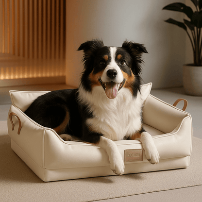 Panier-orthopédique-chien-imperméable-anti-acarien-anti-bactéries-hypoallergénique-hygiénique-lavable-résistant aux griffes et morsures légère-antidérapant-design luxueux-en latex 100% naturel-ergonomique et durable-avec rebords surélevés-dossier haut comme un canapé-poignée de transport-pour chien de petite à moyenne taille-un Border Collie assis confortablement dans son panier haut de gamme respirant de couleur crème dans le salon moderne de la maison