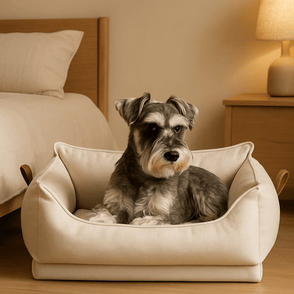 Panier-orthopédique-chien-imperméable-anti-acarien-anti-bactéries-hypoallergénique-hygiénique-lavable-résistant aux griffes et morsures légère-antidérapant-design luxueux-en latex 100% naturel-ergonomique et durable-avec rebords surélevés-dossier haut comme un canapé-poignée de transport-pour chien de petite à moyenne taille-un chien moyen à longs drus assis confortablement dans son panier haut de gamme respirant de couleur crème dans la chambre moderne de la maison