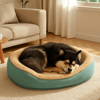 Panier-orthopédique-chien-antidérapant-déhoussable et lavable en machine-rebord surélevé 360°-rembourrage 100% coton haute densité hypoallergénique-un chien de taille moyenne qui dort niché au chaud dans son lit en peluche ovale vert dans le salon de la maison